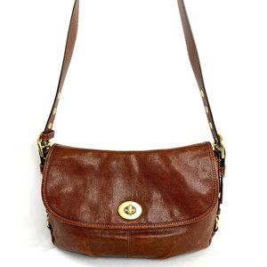 Coach Z Brown Leather Z23987 Medium Flap Shoulder Duffle Bag Pleated Purse Brass